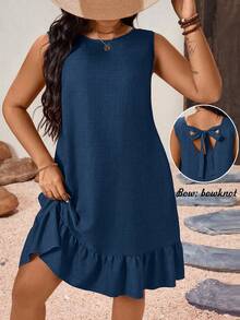 EMERY ROSE Gaun Pendek Wanita Ukuran Plus yang Lucu, Warna Biru Tua, Terbuat dari Kain Tenun, dengan Hem Bergelombang dan Simpul Pita di Bagian Belakang - Navy Blue - View 2