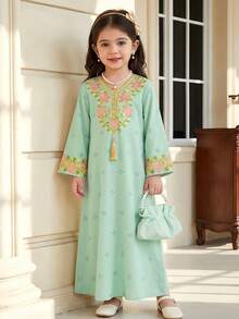 SHEIN 薄荷绿碎花儿童长袍，少女休闲舒适优雅花朵图案仿金丝缎带印花流苏V领宽松长袖连衣裙，适合春夏日常穿着、节日庆典。 - 彩色 - 查看 3