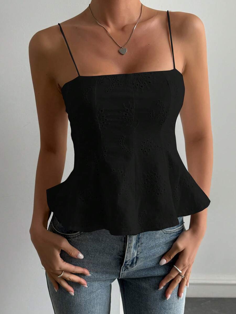 DAZY Camiseta de tirantes casual de tela texturizada para vacaciones de mujer - Negro - Ver 1