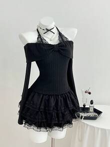 Elamini 黑色针织抓绒罗纹蕾丝拼接V领露肩系带蝴蝶结长袖修身T恤，女士春夏款，甜美、可爱、优雅、通勤、复古、纯色、学院风、日常、约会、百搭