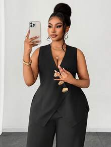 Maweii 大码女式纯色V领单排扣背心上衣和阔腿裤休闲套装 - 黑色 - 查看 2