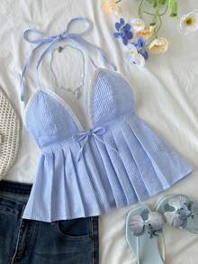 Elamini Spring New Arrival Women's Camisole Top With Bow Tie, Striped V-Neck, Slim Fit, Spaghetti Strap - Multicolor - View 1