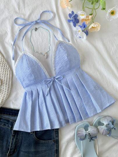 Elamini Spring New Arrival Women's Camisole Top With Bow Tie, Striped V-Neck, Slim Fit, Spaghetti Strap