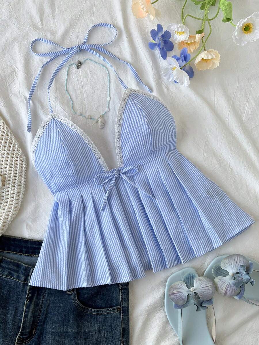 Elamini Spring New Arrival Women's Camisole Top With Bow Tie, Striped V-Neck, Slim Fit, Spaghetti Strap - Multicolor - View 1