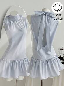 Elamini Blue & White Striped Cotton Fabric Crew Neck Backless Tie Ruffle Hem Mini Dress, Women's Spring/Summer Fashion, Elegant For Commute, Wedding, Graduation, Minimalist Daily Date, Versatile