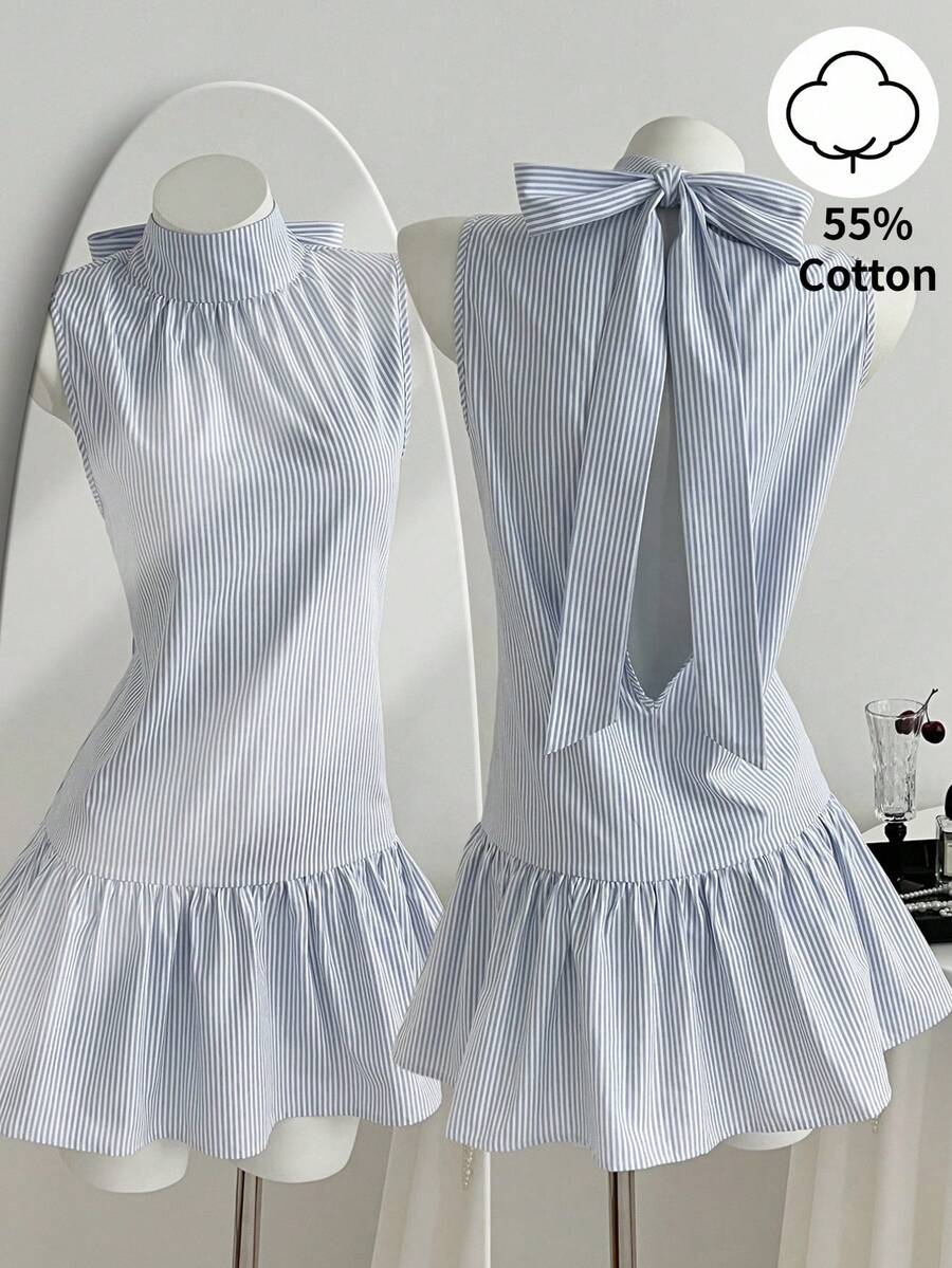 Elamini Blue & White Striped Cotton Fabric Crew Neck Backless Tie Ruffle Hem Mini Dress, Women's Spring/Summer Fashion, Elegant For Commute, Wedding, Graduation, Minimalist Daily Date, Versatile