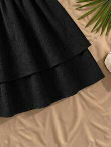 SHEIN 少女露背白色迷你连衣裙，系带/荷叶边下摆，双层设计/适合派对/约会/情人节/度假/海滩度假装扮 - 卡其色 - 查看 6