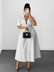 Maweii Retro American Casual Striped Print Plus Size Shirt Dress - White - View 2