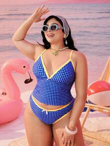 Swim Mod Plus Size Women 2-Piece Random Geometric Square Print Fashion Vacation Casual Slimming Modest Bow Adjustable Thick Strap High Waist High Leg Opening Triangle Bikini Swimsuit 2026 New Backless Tankini Set - Multicolor - View 3