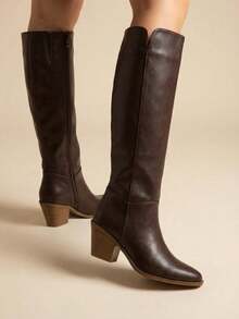 Bota hasta la rodilla elegante diseño de punta cuadrada tacón de cono de bloqueo, créemeles lateral. - Camel - Ver 6