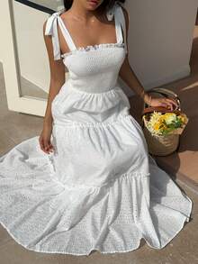 Sunnyshic Women's White Spaghetti Strap Lace-Up Maxi Embroidered A-Line Dress, Romantic Elegant Fashion Vacation Beach Dress For Outings, Dates, Birthdays, Weddings, Spring/Summer - White - View 3