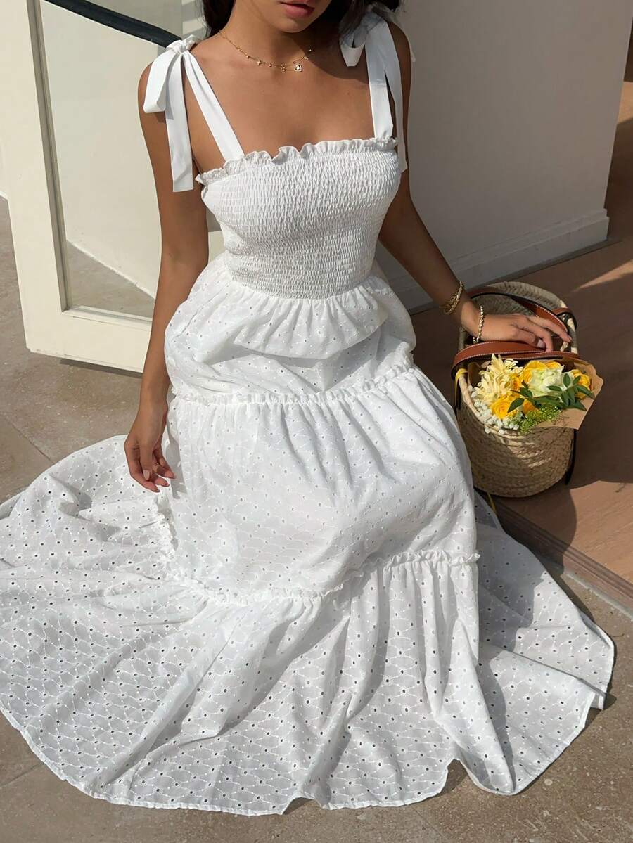 Sunnyshic 女士白色吊带系带刺绣A字长裙，浪漫优雅时尚度假沙滩裙，适合外出、约会、生日、婚礼、春夏穿着 - 白色 - 查看 1