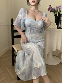 Dazy Tall Đầm dài tay thanh lịch in hoa cổ vuông dành cho nữ dáng cao, đầm mùa hè kiểu dáng nghỉ mát. - Xám Xanh - Xem 9