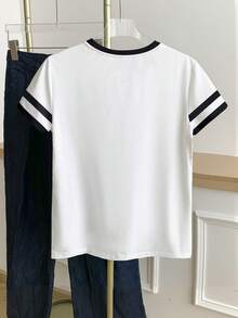 Franclia Camiseta de mujer con cuello redondo, estampado de la Torre Eiffel de París y letras, con bloques de color - Blanco - Ver 2