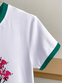 Resyla Áo thun nữ tay ngắn cổ tròn phối màu in hoa, kiểu dáng thường ngày. - trắng - Xem 4