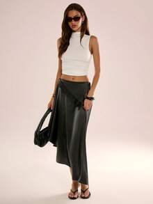 Avenya Waist Folding Contrast Lace Satin Asymmetrical Hem Skirt - Black - View 7