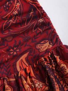 Sweetra 女士红色佩斯利腰果花卉印花网纱不对称下摆深V领露背系带修身性感波西米亚风长裙 - 紅色 - 查看 3