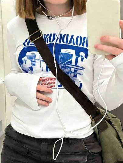 EMERY ROSE Women's Letter & Graphic Print Casual Versatile Long Sleeve T-Shirt