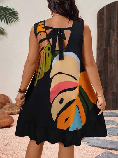 Breezaya 大码女式度假风黑色底彩色热带植物印花无袖圆领荷叶边连衣裙，露背蝴蝶结复古撞色休闲通勤日常夏季新款