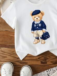 SHEIN Baby Boy Casual Stylish Cute Cartoon Bear & Letter Print Short Sleeve Top, Suitable For Summer - White - View 5