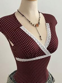 Elamini Brown Polka Dot Print Contrast White Lace V-Neck Waist Cinched Short Sleeve Cropped T-Shirt, Women's Spring/Summer Fashion Commute Vacation Retro Elegant Cute Date Minimalist Everyday Versatile - Brown - View 6