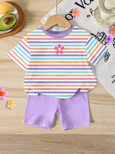 Conjunto informal de 2 piezas para niñas bebés, con camiseta de manga corta de cuello redondo con estampado de rayas y flores de dibujos animados, y pantalones cortos morados, adecuado para primavera/verano, uso casual, exterior, uso escolar
