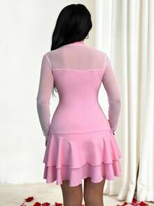 Vavine 优雅粉色高品质网纱拼接腰部开衩设计长袖中长款派对连衣裙 - 粉色 - 查看 2