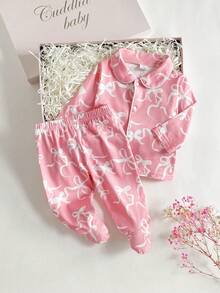Newborn Baby Pajamas-2 Piece Pajama Set New Born 2026 Pink Bow Print Pajama Set Collared Long Sleeve Button Front Top Matching Elastic Waist Long Pants Footless Sleep Outfit Four Seasons Holiday 2026 Must Have Gift Essential Cute Classic Elegant Party Home PhotoProp - Pink - View 1