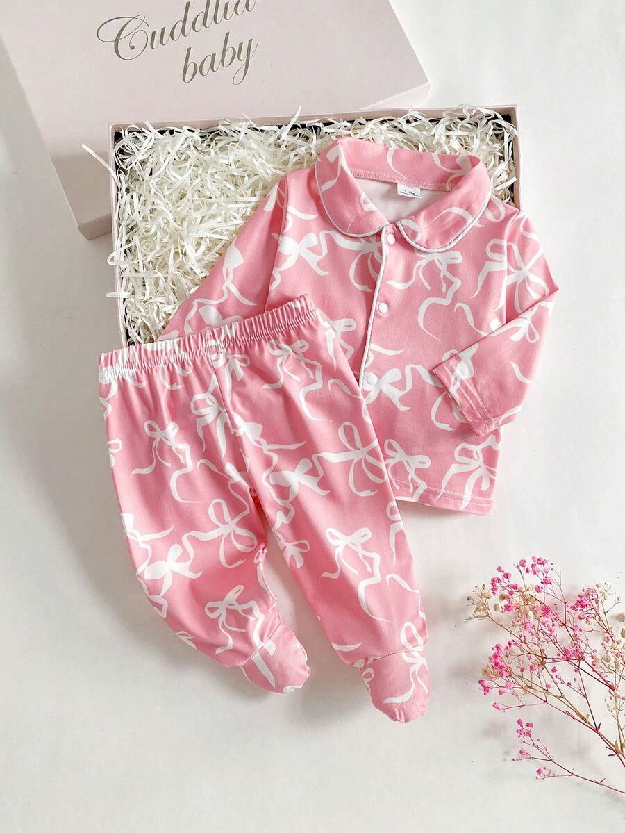 Newborn Baby Pajamas-2 Piece Pajama Set New Born 2026 Pink Bow Print Pajama Set Collared Long Sleeve Button Front Top Matching Elastic Waist Long Pants Footless Sleep Outfit Four Seasons Holiday 2026 Must Have Gift Essential Cute Classic Elegant Party Home PhotoProp - Pink - View 1