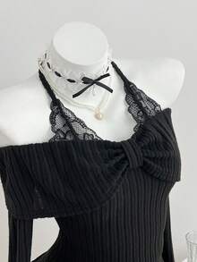 Elamini 黑色针织抓绒罗纹蕾丝拼接V领露肩系带蝴蝶结长袖修身T恤，女士春夏款，甜美、可爱、优雅、通勤、复古、纯色、学院风、日常、约会、百搭