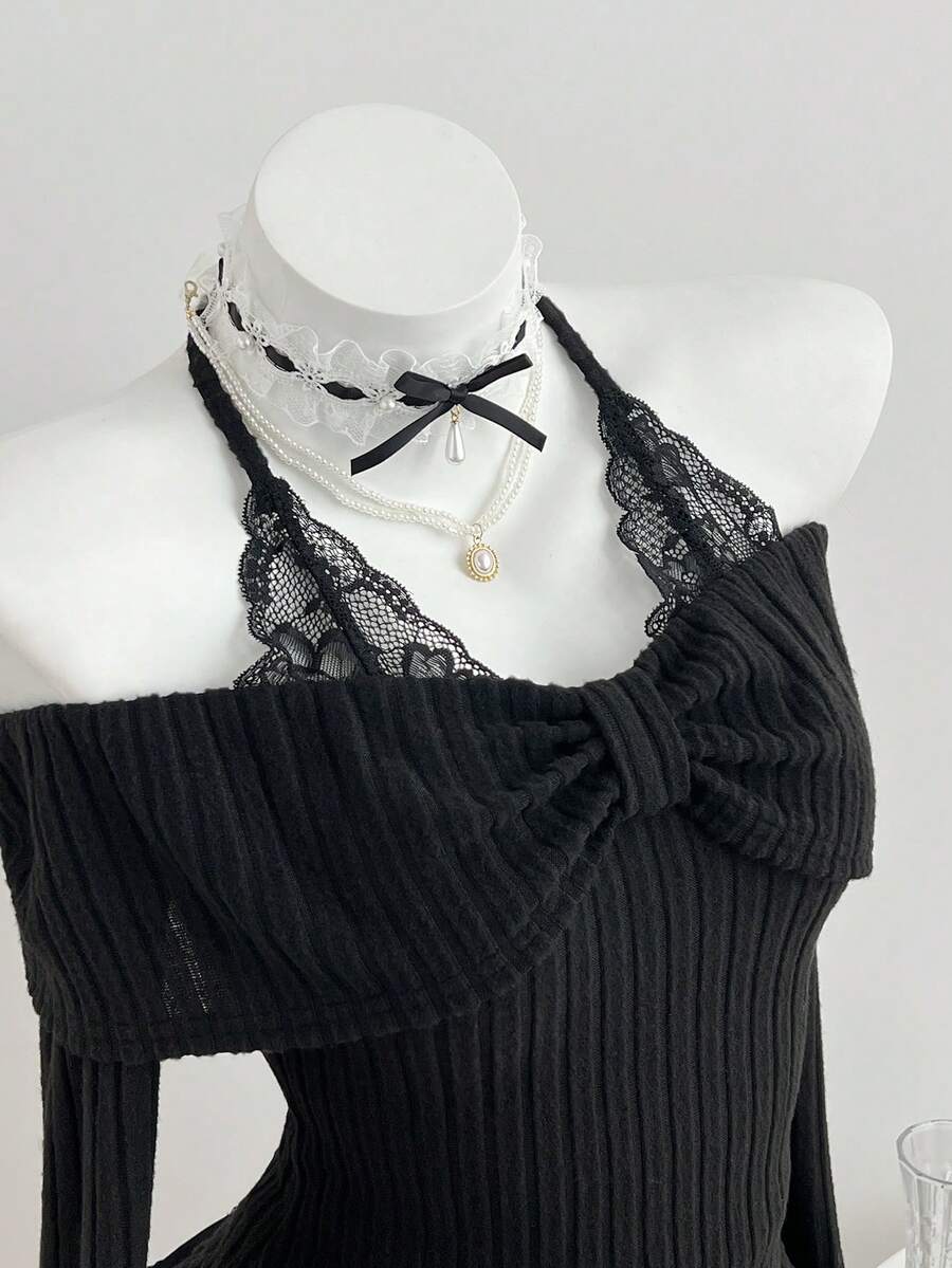 Elamini 黑色针织抓绒罗纹蕾丝拼接V领露肩系带蝴蝶结长袖修身T恤，女士春夏款，甜美、可爱、优雅、通勤、复古、纯色、学院风、日常、约会、百搭