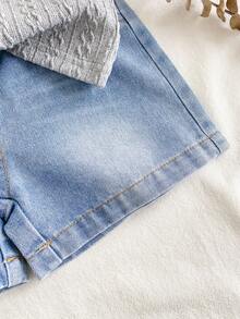 SHEIN Vintaside Kids 1 Set Baby Boy Summer Versatile Casual Collar Short Sleeve Minimalist Top Paired With Fashionable Washed Denim Shorts, Suitable For Daily Wear, Family Camping, Dining Or Shopping