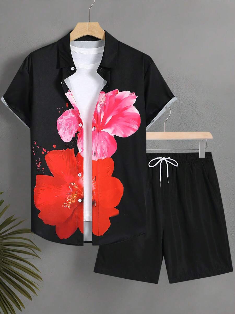 Manfinity VDAYZ Summer Men's Casual Floral Print Button-Front Short Sleeve Shirt And Shorts Set, Summer Hawaiian Dress Shirt For Men Men Tropical Shirts Hibiscus Shirt Flower Shirt For Men Luau Shirt - Multicolor - View 1