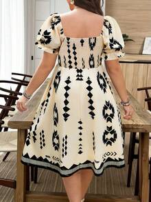 EMERY ROSE Đầm chữ A tay phồng cổ vuông xếp nếp dành cho nữ cỡ lớn, họa tiết hình học cổ điển, đa năng cho cả đi làm và đi chơi, dáng rộng thoải mái, thích hợp cho mùa hè. - Nhiều màu - Xem 2