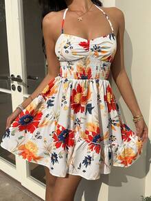 Sunnyshic 女士休闲时尚日常度假优雅连衣裙，收腰设计，荷叶边装饰，印花图案，领带和蝴蝶结点缀，短款，春夏款 - 彩色 - 查看 4