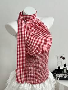 Lyxana Women's Red & White Plaid Cotton Fabric Asymmetric Shoulder Tie-Neck Backless Blouse, Elegant For Spring, Summer, Commute, Graduation, Back To School, Teacher, Daily Wear, Date - Red and White - View 3