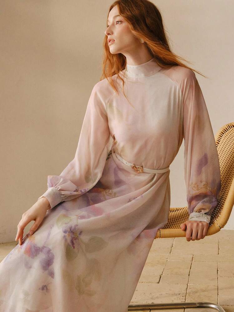 WOMEN'S CORAL PINK PLACEMENT PRINT MOCK NECK LONG SLEEVE DRESS