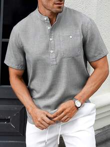 Manfinity CasualCool Dual-Tone Casual Stand Collar Short Sleeve Shirt - Light Grey - View 4