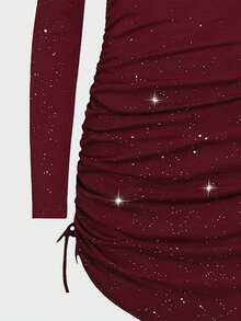 Sparklyn 女童黑色亮片派对连衣裙，修身长袖针织连衣裙，饰有荷叶边蝴蝶结，适合鸡尾酒会、节日旅行等场合。 - 酒紅色 - 查看 5