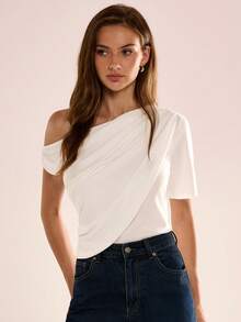 Avenya Summer Fashion Solid Color Ruched Shoulder T-Shirt - White - View 3