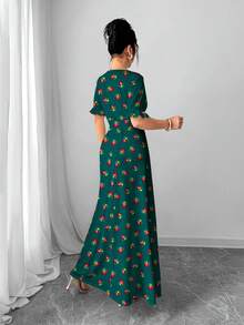 Al Najma 花卉植物数码印花绿色时尚圆领短袖A字连衣裙，女士，春夏款 - 彩色 - 查看 2
