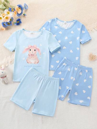 4pcs/2sets Girls Knitted High Stretch Crew Neck Snug Fit Short Sleeve Shorts Pajama Set, Rabbit & Heart Cute Pattern, Comfortable & Soft, Great Gift For Teenage Girls