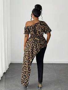Maweii Plus Size Leopard Print Asymmetric Hem Sexy Shoulder Shirt - Brown - View 6
