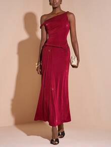 Zivah Elegant Burgundy Summer Long Dress,Shiny Glossy Asymmetric Neckline Dining Outfit For Valentine's Day,Date,Birthday Party,Graduation & Wedding Guest - Burgundy - View 7