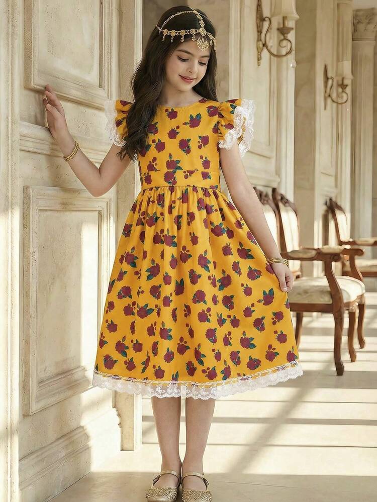 SHEIN Tween Girls Back Big Bow Woven Ditsy Floral Lace Slim Fit A-Hem Dress, Suitable For Girls Daily Wear, Festivals, Family Gatherings And Special Occasions, Suitable For Spring And Summer جلابياتjalabiya  عباياتabaya  الملابس التقليدية العربية Floral Print Dresses Girls Girls Matching Dresses Girls Dress فساتين بنات Kids Yellow Dress Girls Lace Trim Dress - Yellow - View 6
