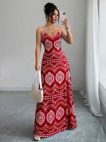 Selianne Women's Casual Vacation Perris Retro Print Dress - Red - View 3