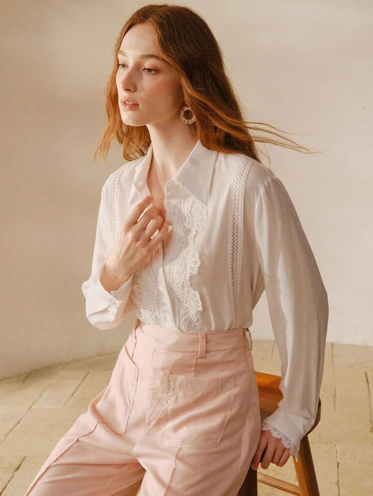 ELEGANT FRENCH STYLE FLORAL LACE PATCHWORK LINEN COLLARED LONG SLEEVE BLOUSE FOR WOMEN