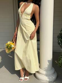 Optris Blue & White Striped Deep V-Neck Backless Tie-Up Waist A-Line Sleeveless Jumpsuit Dress, Elegant Sexy Cute Suitable For Vacation, Beach, Commute, Party, Daily Wear, Dating, Spring/Summer/Autumn - Yellow - View 6