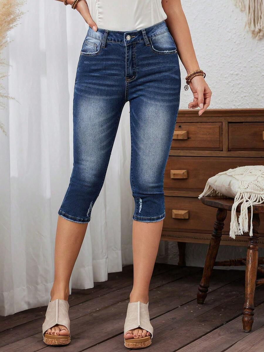 EMERY ROSE Quần jeans nữ dáng ôm, dài đến 7/8, kiểu dáng thường ngày, chất liệu denim mài. - Rửa tối - Xem 1