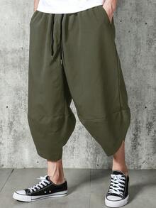 Manfinity Homme 男士休闲时尚街头风运动裤，宽松针织七分裤，弹性腰带抽绳设计，带口袋，展现独特风格，适合休闲、街头、派对、返校、时尚穿搭、节日礼物、男友礼物等场合。 - 綠色 - 查看 1